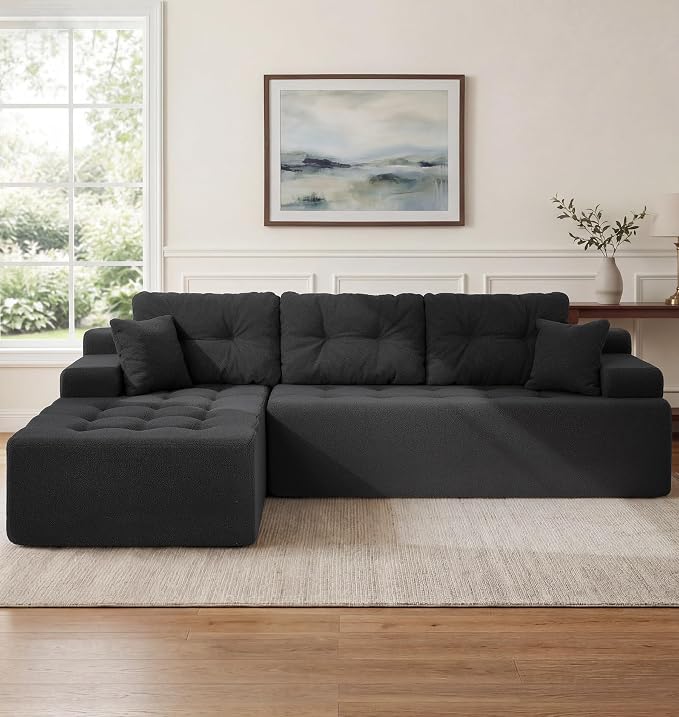 Hobestluk Modular Sectional Sofa Couches L-Shape Couch 3 Seat Modular Sofa Memory Foam Sectional Couches for Living Room, Cloud Couch with Oversized Chaise (Black Tufted, 108", Left Hand Facing)