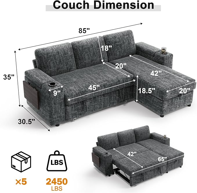 Vipbear Premium 86" Modular Sectional Sleeper Sofa, 3 Seat Chenille Sleeper Sofa with Pull Out Bed for Living Room, L Shaped Couch with Storage Chaise&Armrests|USB Ports|Cup Holders|Side Table, Grey