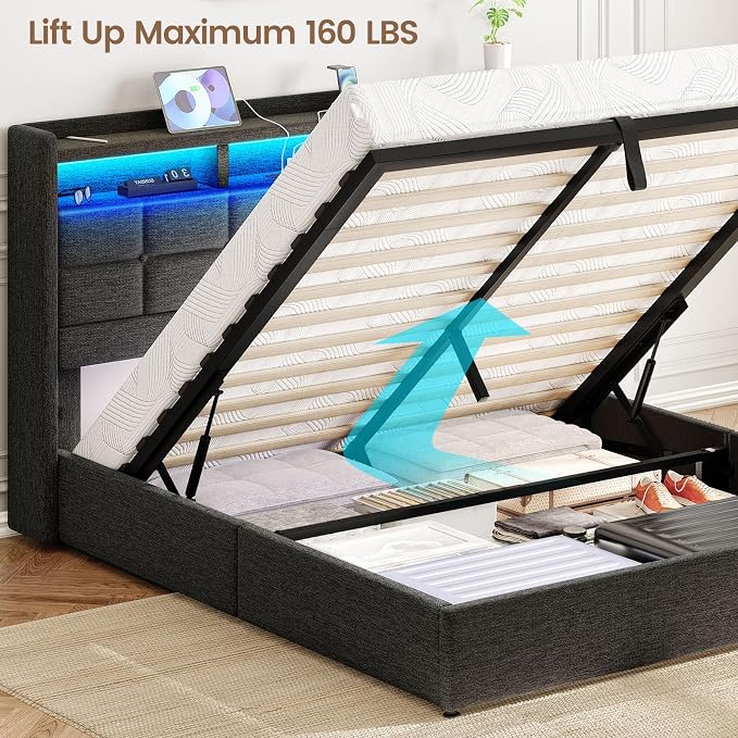 Driftalia Lift Up Full Size Bed Frame with Storage, Upholstered Full Bed Frame with LED Lights Headboard and Charging Station, No Box Spring Needed, Easy Assembly - Dark Grey