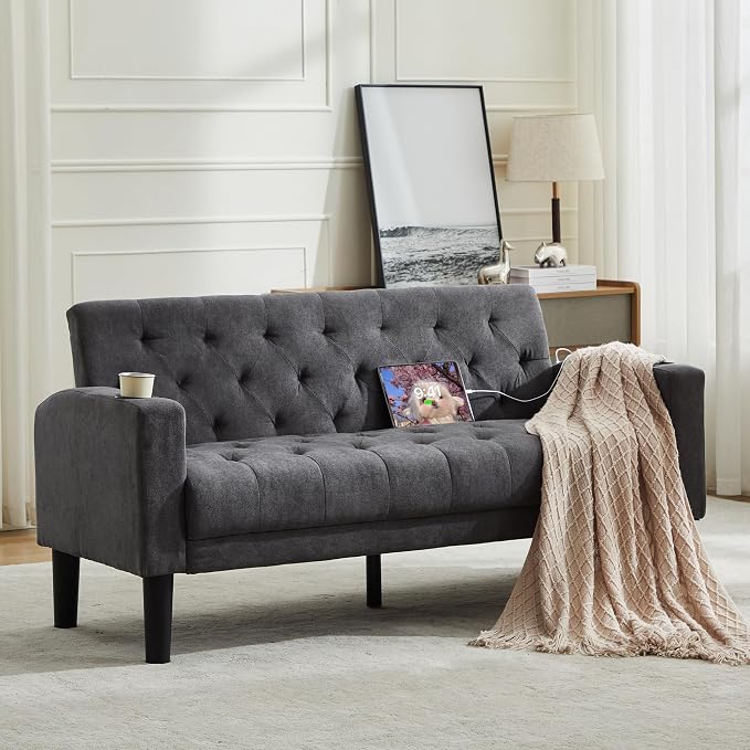 TYBOATLE 62" W Loveseat Sofa w/ 2 USB Charger Ports and 2 Cupholders, Mid-Century Modern Tufted Linen Fabric Small Love Seat Couches for Compact Living Room, Bedroom, Apartment, Dorm (1, Dark Grey)