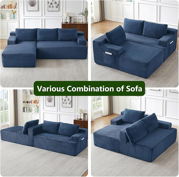 96" Modular Sectional Sofa, Modern Corduroy Cloud Couch, Boneless Couch Upholstered 3-Seater L-Shaped Sofa for Living Room, No Assembly Required (Blue, Left-Facing Chaise)