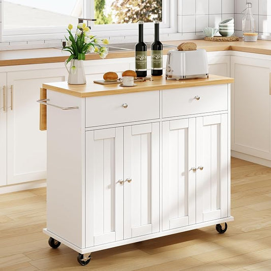 JY QAQA 39" Rolling Kitchen Island Cart on Wheels, Mobile Storage Cabinet with 2 Drawers & Double Door Cabinet, Cart Handle for Towel Rack or Free Mobility, Portable Islands for Kitchen, White