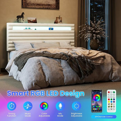 SHA CERLIN King Bed Frame with LED Light & 2-Tier Storage Shelf, Velvet Upholstered Adjustable Headboard with Charing Station, Horizontal Channel Tufted, No Box Spring Needed, Easy Assembly, Cream