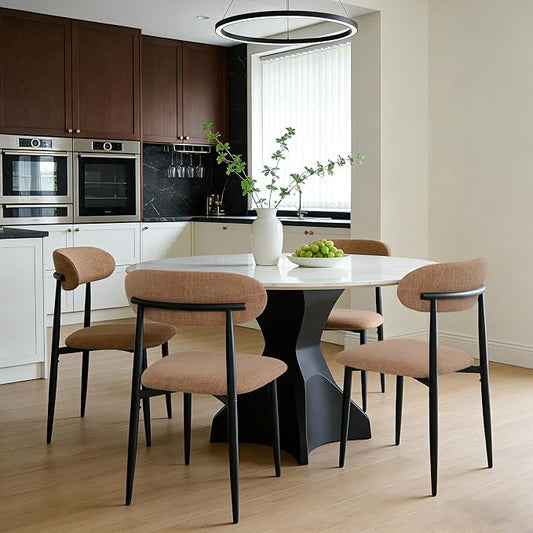 FREKEN Modern Upholstered Dining Chairs Set of 4, Mid-Century Metal Frame Linen Fabric Side Chair for Kitchen Dining Room, 350lbs Capacity, Brown