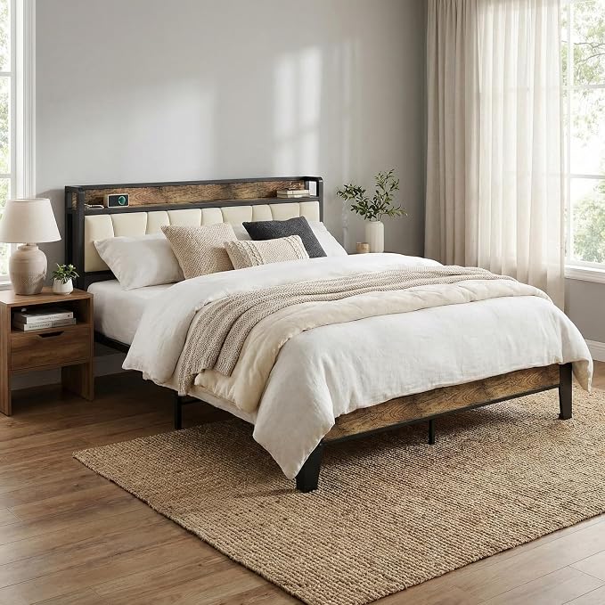LIKIMIO Full Size Bed Frame with Storage Headboard & Charging Station | Upholstered Headboard, Storage Shelf, Solid and Stable, Noise Free, No Box Spring Needed, Easy Assembly (Walnut and Beige)