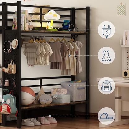 Full Over Full Metal Bunk Bed with Storage Station & Rolling Drawers | Built-In USB Charging Station,Hall Tree & Full Safety Guardrails for Bedroom
