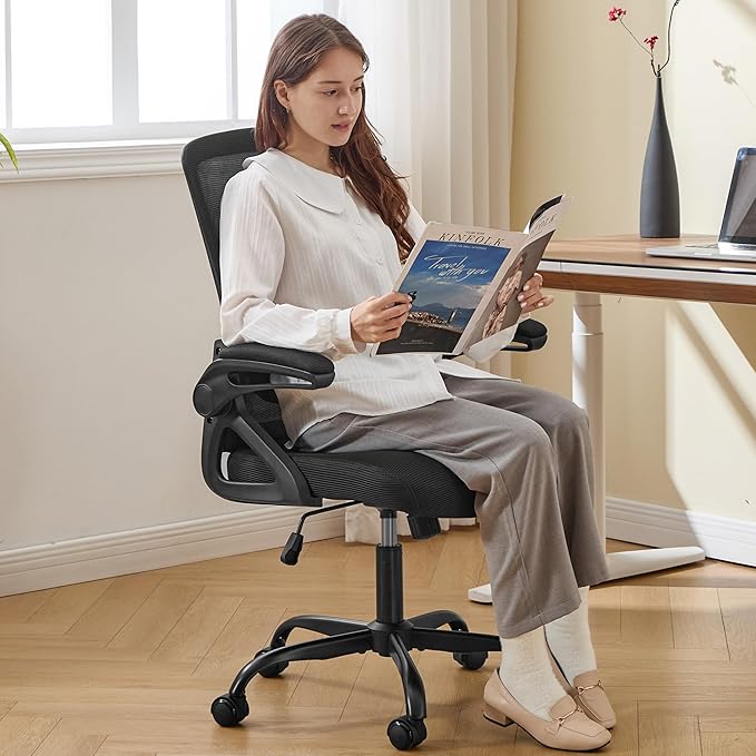 Ergonomic Office Chair, Desk Chair with Adjustable Lumbar Support, Breathable Mesh Comfy Computer Chairs with Flip-up Armrests Executive Task Chair for Adults Home Office(Black)