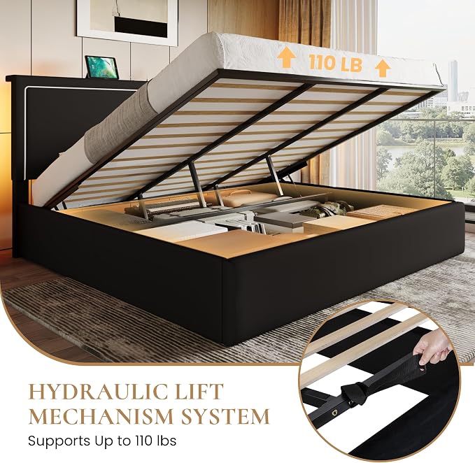 SHA CERLIN King Size Hydraulic Lift-Up Storage Platform Bed Frame with Charging Station, RGB LED Lights, Adjustable Velvet Headboard, USB-A and USB-C Ports, No Box Spring Needed, Black