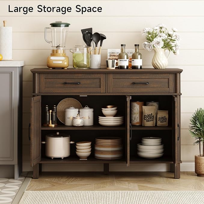 ONBRILL 48 Inch Buffet Cabinet with Storage, Farmhouse Sideboard Buffet w/2 Drawers and 3 Doors, Wood Coffee Bar Cabinet with Adjustable Shelves, Sideboard Storage for Kitchen, Living Room, Brown