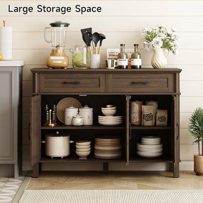 ONBRILL 48 Inch Buffet Cabinet with Storage, Farmhouse Sideboard Buffet w/2 Drawers and 3 Doors, Wood Coffee Bar Cabinet with Adjustable Shelves, Sideboard Storage for Kitchen, Living Room, Brown