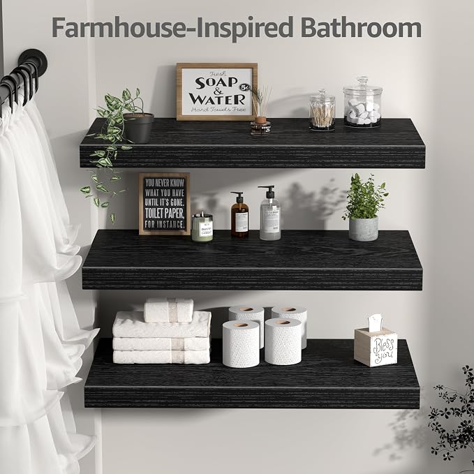 QEEIG 12" Deep Floating Shelves for Wall - 12 x 24 inch Book Shelf Bathroom Bedroom Kitchen Living Room Hanging Bookshelf Farmhouse Set of 3, Black (026-60B3)