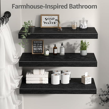 QEEIG 12" Deep Floating Shelves for Wall - 12 x 24 inch Book Shelf Bathroom Bedroom Kitchen Living Room Hanging Bookshelf Farmhouse Set of 3, Black (026-60B3)