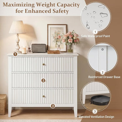 RoyalCraft 32" Large Nightstand Set of 2, Fluted Painted Bedside Table with 3 Spacious Drawers, Modern Tall End Table for Bedroom, White