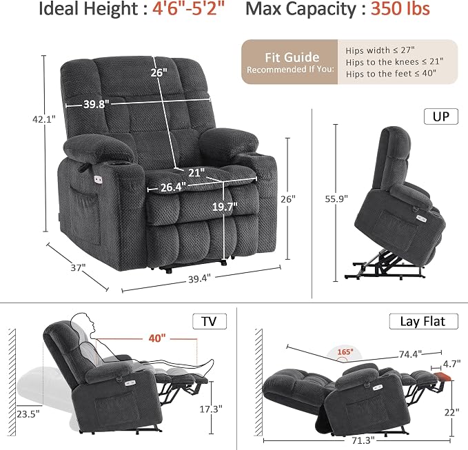 MCombo Small Dual Motor Power Lift Recliner Chair for Elderly, Zero Gravity Lift Chair with Heat and Massage, Lay Flat Recliner for Petite, USB Ports,Fabric R7894 (Small-Wide, Dark Gray)