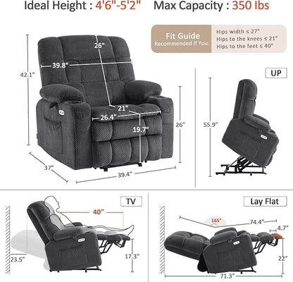 MCombo Small Dual Motor Power Lift Recliner Chair for Elderly, Zero Gravity Lift Chair with Heat and Massage, Lay Flat Recliner for Petite, USB Ports,Fabric R7894 (Small-Wide, Dark Gray)