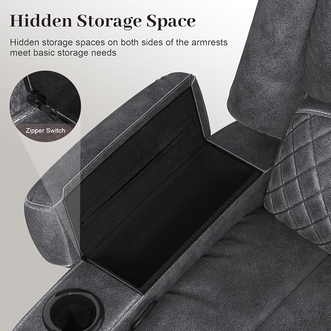 Yolsali Velvet Fabric Loveseat Recliner Sofa Set with 2-Tier Cushion, 2+1 Pieces in Living Room, 2 Seater Reclining Loveseat with Removable Console, 1 Oversize Recliner Chair Sofa Seat - Grey