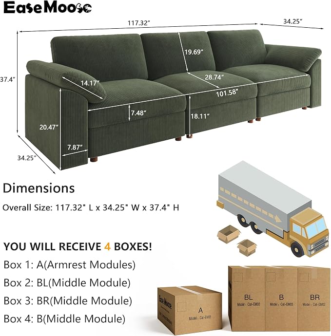 EASE MOOSE Oversized Sectional Modular Sofa, Comfty 3 Seat Cloud Couch, Modern Deep Seat Sectional for Living Room,Green