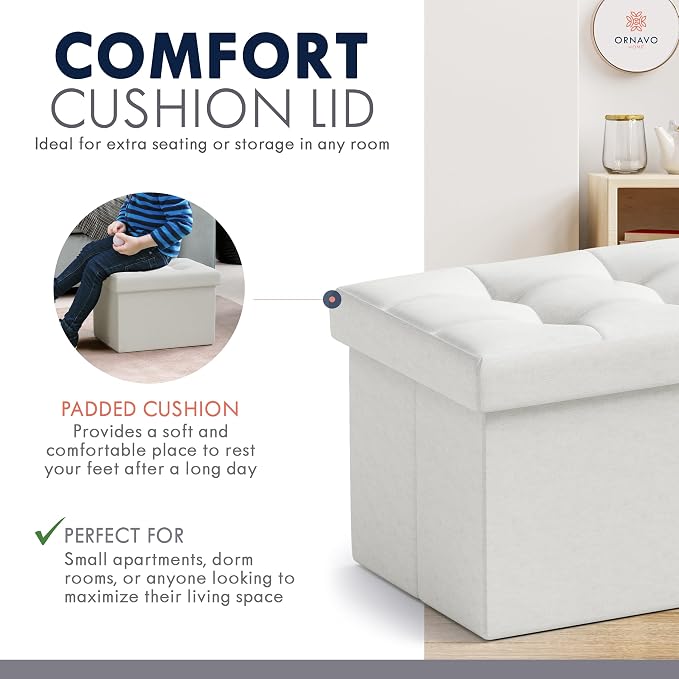 Ornavo Home Small Storage Ottoman, Set of 2, Foldable Collapsible Rectangle Linen Ottoman Foot Rest Stool Seat, for Living Room, Bedroom, Home Office, Dorm - 12 x 16 x 12, White