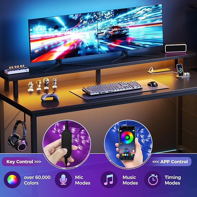 DUMOS 59” Gaming Desk with USB Charging Ports & LED Lights, Reversible Computer Desk with Drawers, PC Desk for Home Office Small Space, Gaming Table Fits PC Towers, Black