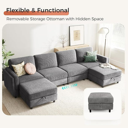 KKL Modular Sectional Sofa Bed with Storage Ottoman, Convertible L/U-Shaped Sleeper Couch for Living Room, Modern Reversible Design (Grey, 4 Seat L Shape)