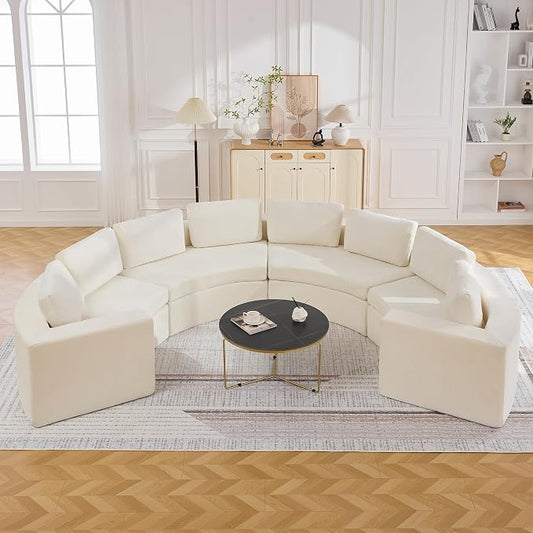 WUTUTUEE 142'' Curved Round Boneless Couch, Oversized Half Moon Sofa with Deep Seat & Arms, Chenille Modular Sectional Sofa with Pillows, Upholstered Comfy 8 Seat Couch for Living Room, White