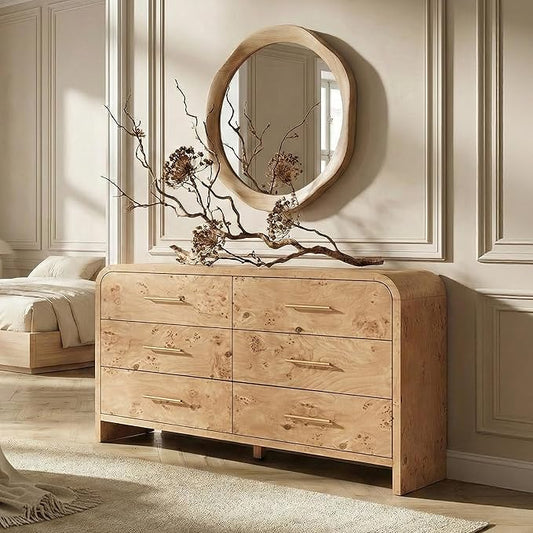 Curved 6-Drawer Dresser for Bedroom, 54" Wide Modern Chest of Drawers, Vanity Desk TV Stand for Living Room, Closet Storage Drawers Organizer Furniture, Nursery, Light Burl