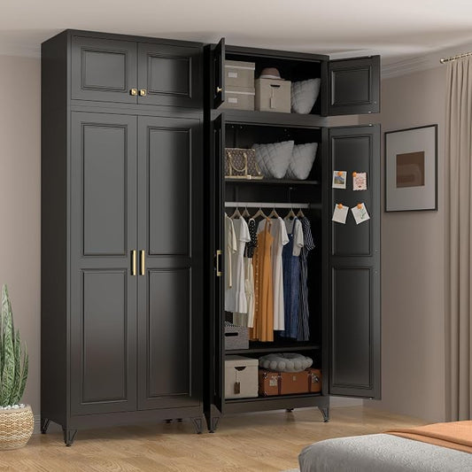 UNICOLY 86.6" Amoire Wardrobe Closet, 71" Wardrobe Cabinet with 15.74" Cabinet, Metal Closets with Hanging Rod for Bedroom School, Employee, Gym, Armarios De Ropa para Domitorio, Black