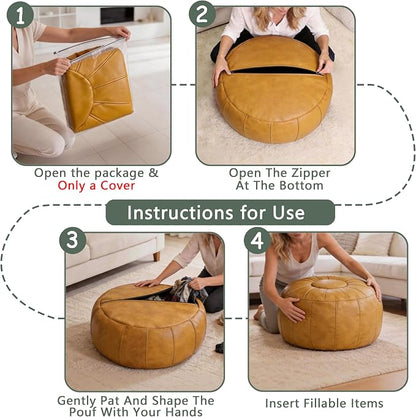 Thgonwid Unstuffed Moroccan Storage Pouf Foot Stool Ottoman Seat Handmade Faux Leather Bean Bag Floor Chair Foot Rest for Living Room, Bedroom or Balcony (Yellow)