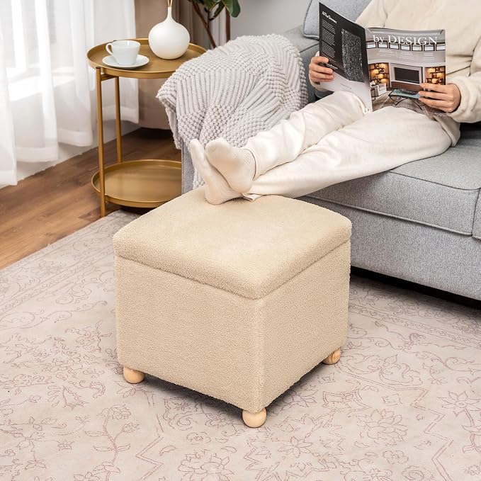 Adeco 17.3" Modern Oatmeal Teddy Velvet Storage Ottoman, Upholstered Cube Foot Stool with Hinged Lid, Round Solid Wood Legs, Versatile Vanity Seat for Living Room, Bedroom