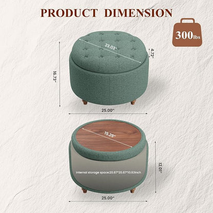 25Inch Round Ottoman with Storage, Tufted Fabric Modern Circle Ottoman with Reversible Tray Lid and Wood Legs, Multi-Functional Small Coffee Table for Living Room, Bedroom, Green