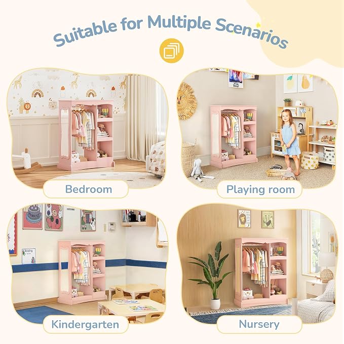 Curipeer Kids Dress Up Storage with Flower Mirror, Open Hanging Closet Wardrobe for Children, Kids Armoire & Costume Organizer for Bedroom Playroom Preschools Classroom, Pink