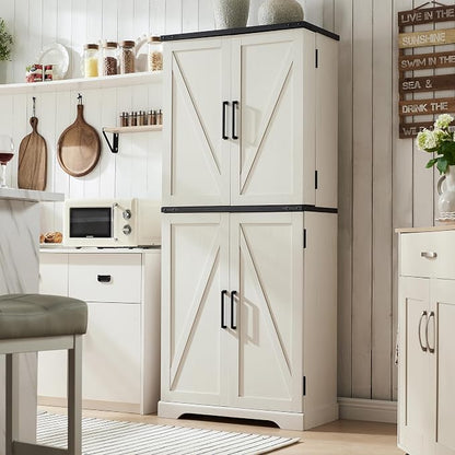 ACCOHOHO 72" Tall Kitchen Pantry, Farmhouse Storage Cabinet with Barn Doors, Organizer, Drawer and Adjustable Shelves, Rustic Wood Cupboard for Kitchen, Dining Room, Bathroom, Off White | Barn Doors