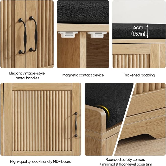 Entryway Shoe Storage Bench with Upholstered Seat, Double Door Cabinet, Adjustable Shelving, Slatted Front, Engineered Wood Organizer for Hallway, Foyer, Mudroom, Bedroom, Walk-In Closet (Oak)