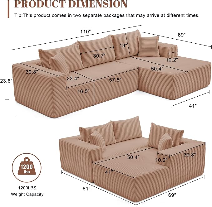 Mangodan 110” Cloud Sectional Couch, Boneless Sofa for Living Room, Modular Sectional Sofa with Deep Seat, Comfy Fluffy Couch with L-Shaped Chaise, No Assembly Required (Right-Facing Chaise, Camel)
