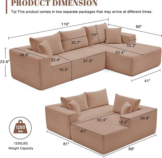 Mangodan 110” Cloud Sectional Couch, Boneless Sofa for Living Room, Modular Sectional Sofa with Deep Seat, Comfy Fluffy Couch with L-Shaped Chaise, No Assembly Required (Right-Facing Chaise, Camel)