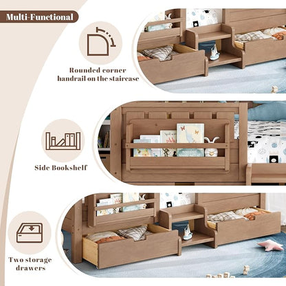 Bellemave Full Floor Bed with Stairs, Rails and Slats, Full Size Montessori Floor Bed with Bookshelf and 2 Storage Drawers, Easy Assemble Montessori Beds Frame for Girls, Boys, Natural