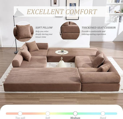106" Oversized Convertible Sleeper Sofa Bed, Corduroy L Shape Sectional Couch, Folding Sofa Bed with Side Pocket, Modern Cloud Floor Mattress Couch, Modular Sofa for Living Room, Brown