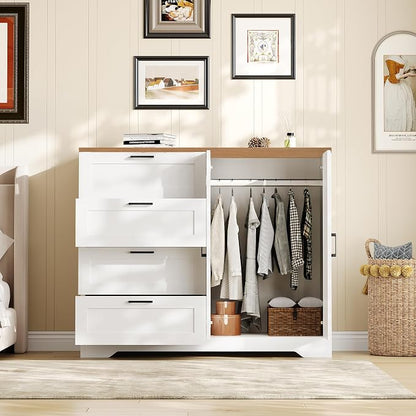 GarveeHome Multifunctional Wooden Dresser for Bedroom, 43.3 in H 2 Door Wardrobe Armoire Closet with 4 Drawers and Hanging Rod, Low Storage Cabinet for Hanging Cloth, White