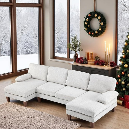 VINGLI 110' U-Shaped Sectional Couch with Two Chaise, Affordable Small Sofa with 4 Seats, Chenille Fabric Comfy Couches for Living Room, Beige