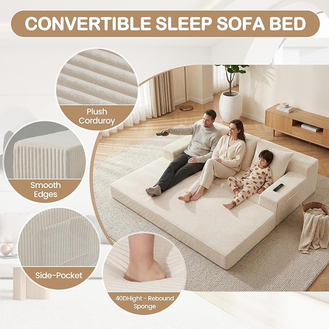 78.5” Convertible Sofa Bed,Corduroy 3 Seater Boneless Couch Bed Futon,Fold Out Couch with 3 Pillows,Loveseat Sleeper with Pull Out Bed for Living Room, Guest,Bedroom,Beige