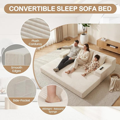 78.5” Convertible Sofa Bed,Corduroy 3 Seater Boneless Couch Bed Futon,Fold Out Couch with 3 Pillows,Loveseat Sleeper with Pull Out Bed for Living Room, Guest,Bedroom,Beige