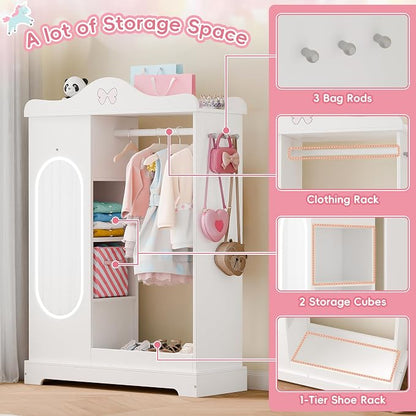 Xilingol Kids Armoire Dress Up Storage with Mirror, Kids Wardrobe Closet with Jewelry Cabinet and Storage Shelves, Open Hanging Armoire Costume Organizer for Bedroom (White)