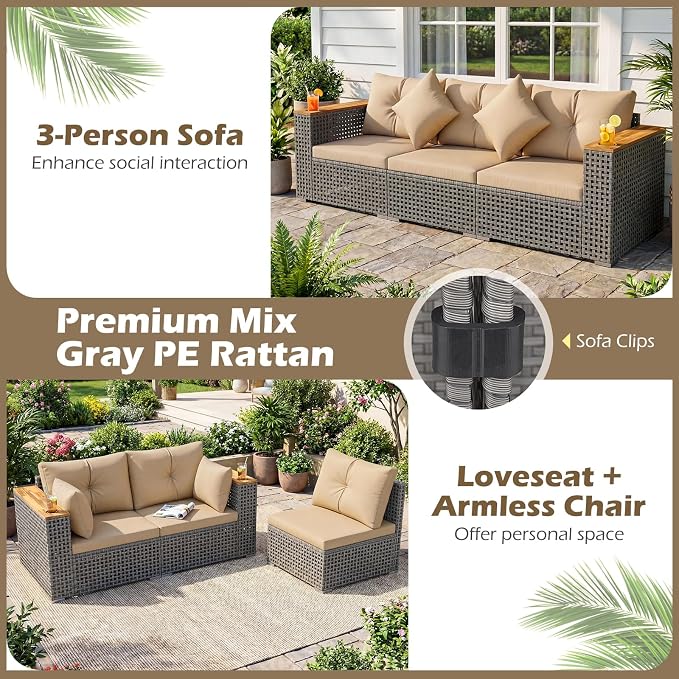 Tangkula 86.5" Large 3-Seat Patio Wicker Sofa, 3 Pieces PE Rattan Sectional Furniture Set with Cup Holder & Wood Armrest, Outdoor Couch Set with Armless & 2 Corner Sofas for Garden, Yard, Porch, Brown
