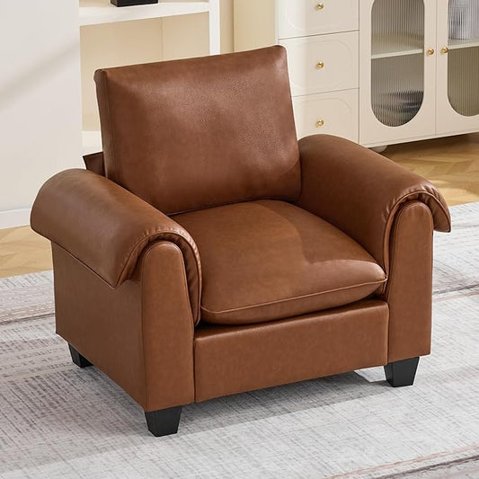44.5" Faux Leather Single Sofa, Oversized Accent Chair with Curved Armrests, Cloud Modern Sofa Upholstered Deep Seat Reading Chair Armchair for Living Room, Bedroom，Brown