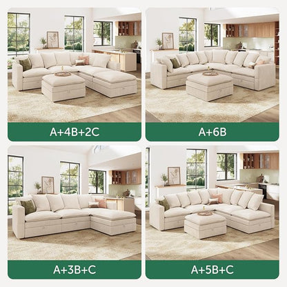 HONBAY Corduroy Ottoman, 31.5 Inch Square Ottoman Bench with Storage for Living Room, Beige
