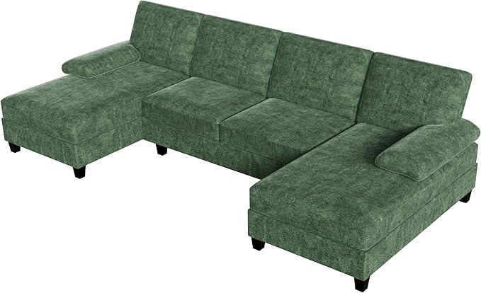 Shintenchi U-Shaped Sectional Couches for Living Room, 4 Seat Sofa with Double Chaise Lounges,Solid Wood Frame Sectional Sofa for Apartment,Green