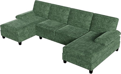 Shintenchi U-Shaped Sectional Couches for Living Room, 4 Seat Sofa with Double Chaise Lounges,Solid Wood Frame Sectional Sofa for Apartment,Green