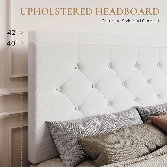 SHA CERLIN King Size Platform Bed Frame with 4 Oversized Storage Drawers, Adjustable Headboard with Velvet Upholstery, Diamond Button Tufted Design, Wooden Slat Support, No Box Spring Needed, White