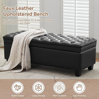 WUTUTUEE 50" Faux Leather Storage Ottoman Bench, End of Bed Upholstered Rectangle Storage Ottoman Tufted Living Room Bedroom Bench with Safety Hinge, Solid Wood Legs, Loads 500 lb(Black)