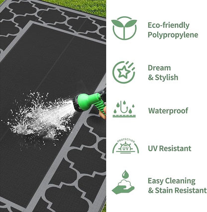 GENIMO 9' x 18' Outdoor Rug Waterproof for Patio, Foldable Reversible Plastic Straw Area Rugs Mat for Rv Decor, Outside Carpet for Camper, Deck, Picnic, Beach, Balcony, Porch, Black & Grey